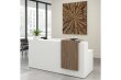 Urban reception desk in a 2200x800x1150H White and Driftwood finish, positioned in a waiting room with seating around it.