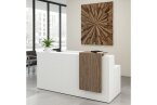 Urban reception desk in a 2200x800x1150H White and Driftwood finish, positioned in a waiting room with seating around it.