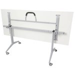 Flip Top Straight Desk folded up for storage, 1800 x 900, white top, silver frame.