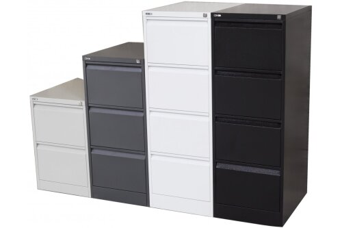 Combination of filing cabinets in assorted sizes and colours from the GO Steel range