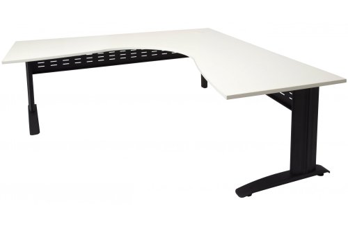rapid span leg corner desk, with a 25 mm thick top in warm white melamine, over a black metal frame, size 1800 x 1800 x 700