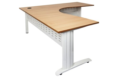 rapid span leg corner desk, with a 25 mm thick top in beech melamine, over a white metal frame, size 1800 x 1800 x 700