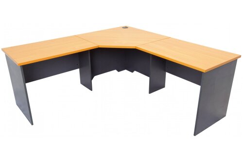 Corner desk from the Rapid Worker Range. 1800mm x 1800mm x 600mm deep. It has durable 25mm thick Beech coloured tops over an 18mm thick Ironstone coloured base/undercarriage.