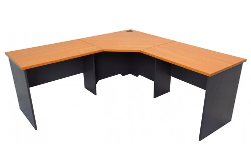 Corner desk from the Rapid Worker Range. 1800mm x 1800mm x 600mm deep. It has durable 25mm thick Cherry coloured tops over an 18mm thick Ironstone coloured base/undercarriage.