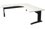 rapid span leg corner desk, with a 25 mm thick top in warm white melamine, over a black metal frame, size 1800 x 1800 x 700
