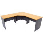 Corner desk from the Rapid Worker Range. 1800mm x 1800mm x 600mm deep. It has durable 25mm thick Beech coloured tops over an 18mm thick Ironstone coloured base/undercarriage.