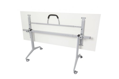 Flip Top Straight Desk folded up for storage, 1800 x 900, white top, silver frame.