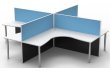 4 person corner workstation cubicles with white tops and blue fabric from the Rapid Screen Range