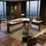 Large white Rapid Span corner desk with perforated metal modesty panels and a black ergonomic executive chair in a private office setting.