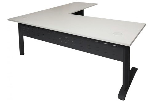 rapid span leg straight desk and return, with 25 mm thick tops in warm white melamine, over a black metal frame, creating a corner desk, size 1800 x 1800 x 700