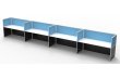 4 person single sided inline workstation cubicles with white tops and blue fabric from the Rapid Screen Range